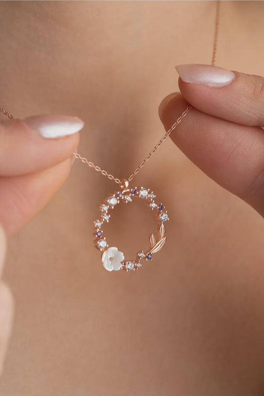 Sterling Silver Floral Circle Necklace Rhodium Plated Dainty Pendant