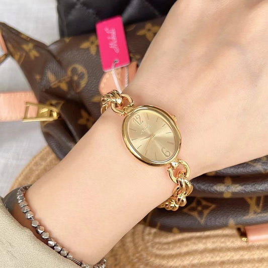 Lady's Steel Strap Watch Gold Oval Hollow Chain Quartz Watch